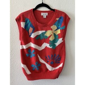 Vintage 80's Women's Sweater Size Medium Sleeveless Red Parrot Artsy Pedder St